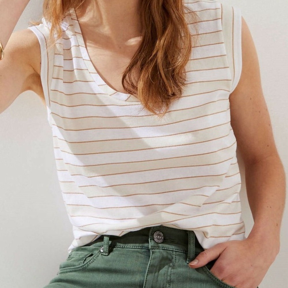 LOFT Sleeveless Cotton Modal White Cream & Gold Striped Tank Top